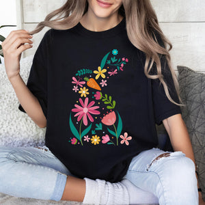 Floral Bunny Shirt, Easter T-Shirt, Rabbit Silhouette, Easter Bunny T-Shirt, Nature Lover, Easter Gift,Flowered Rabbit Gift, Cute Easter Tee