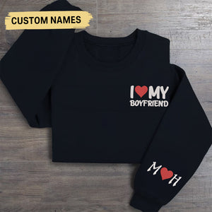 I Love My Boyfriend/Girlfriend Sweatshirt, Couple Embroidered Crewneck Initials on Sleeve, Couples Gifts Valentine Gift for Him For Her
