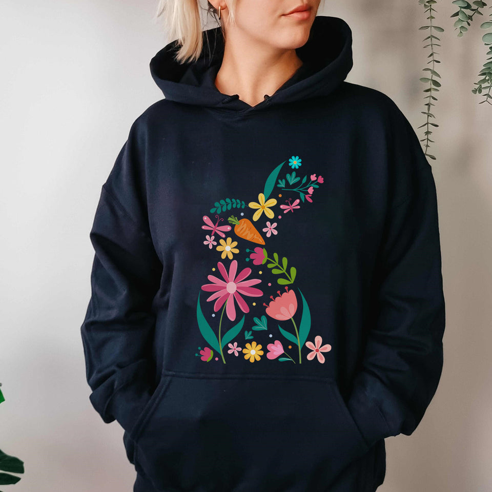 Floral Bunny Hoodie, Easter Crewneck, Rabbit Silhouette, Easter Bunny T-Shirt, Nature Lover, Easter Gift,Flowered Rabbit Gift, Cute Easter Tee