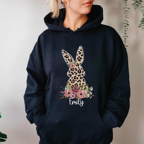 Floral Leopard Bunny Hoodie, Bunny Crewneck, Cute Easter Bunny T-Shirt, Happy Easter, Shirt with Bunnies, Easter Gift, Happy Easter T-Shirt