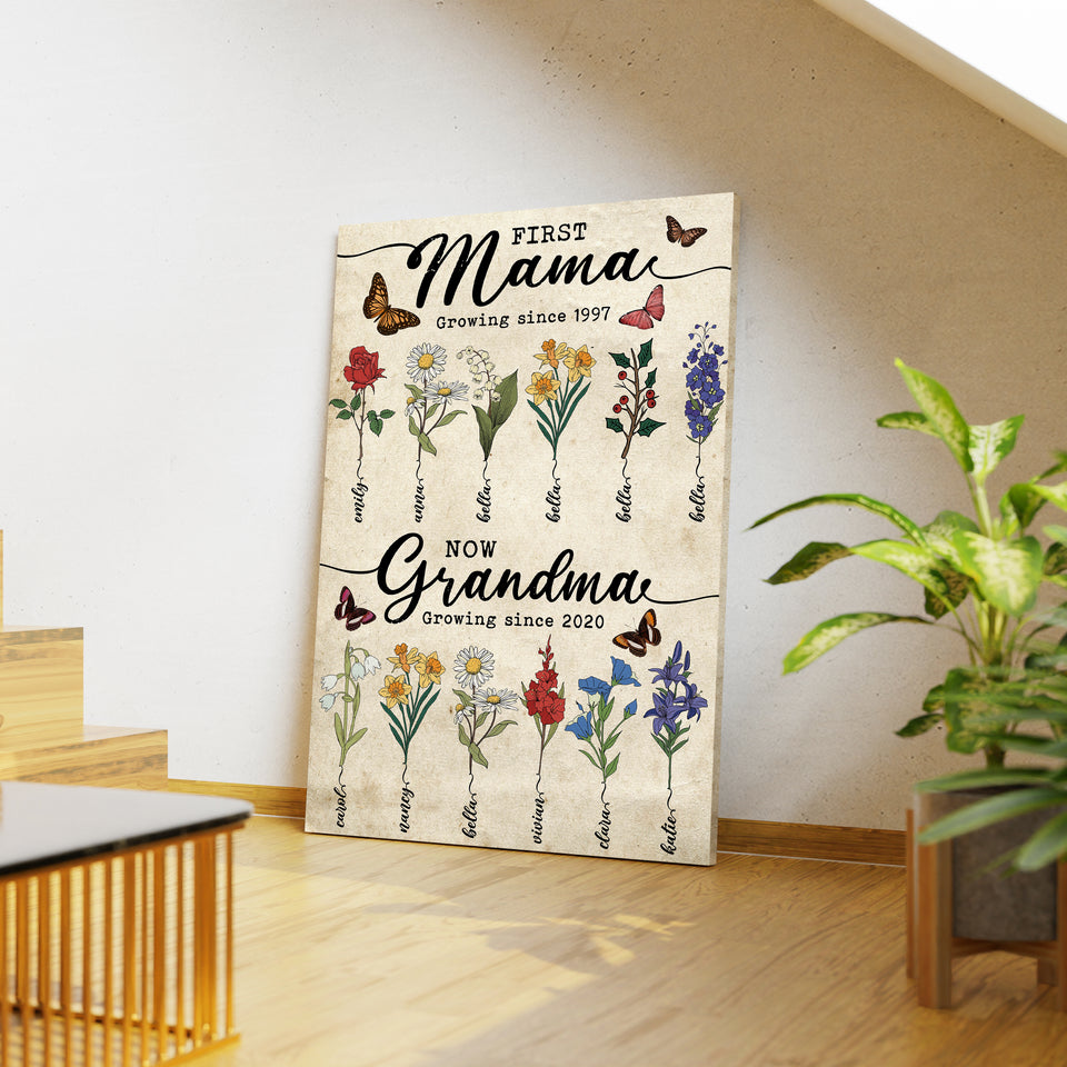 Custom Birth Month Flowers Poster/Canvas, First Mom Now Grandma, Personalized Grandma's Garden Wooden Sign, Gift For Mom, Gift For Grandma Poster/Canvas