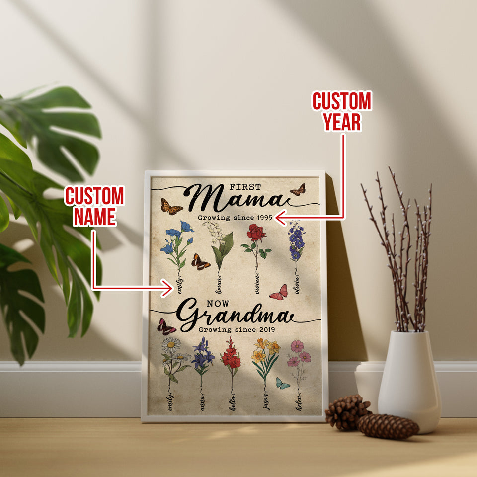 Custom Birth Month Flowers Poster/Canvas, First Mom Now Grandma, Personalized Grandma's Garden Wooden Sign, Gift For Mom, Gift For Grandma Poster/Canvas