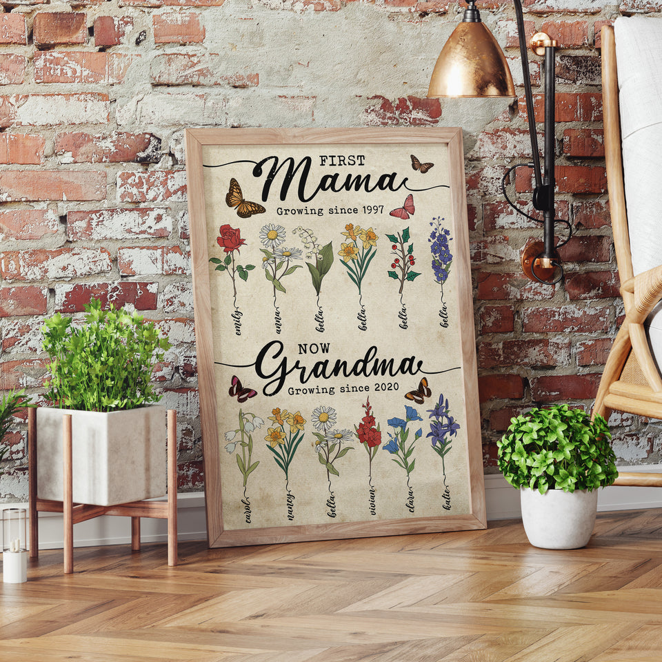 Custom Birth Month Flowers Poster/Canvas, First Mom Now Grandma, Personalized Grandma's Garden Wooden Sign, Gift For Mom, Gift For Grandma Poster/Canvas