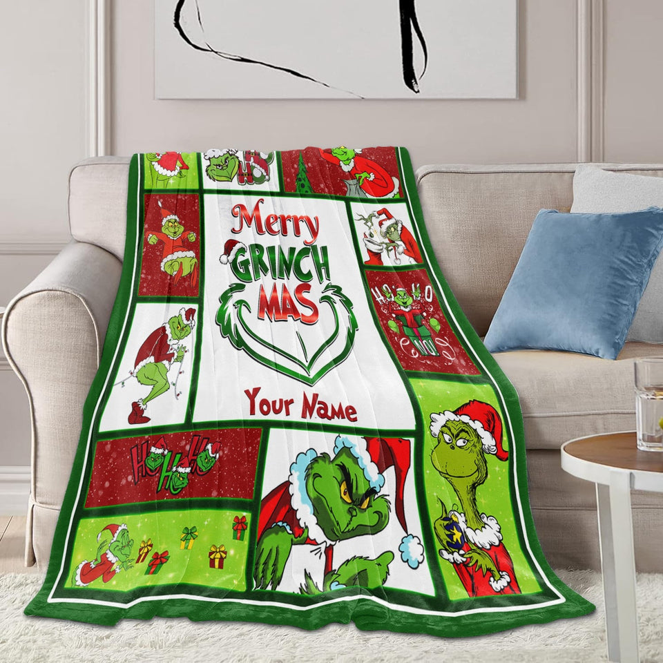 Custom Name Christmas Grinch blanket, Merry Grinchmas Blanket, Grinchmas Gift, Extra Grinchy Blanket, Personalized Grinch Blanket
