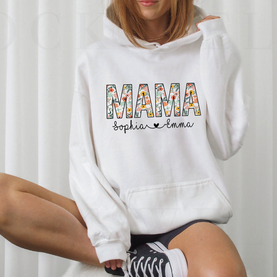 Mama Floral Hoodie, Personalized Mom Shirt With Kids Names, Gift For Mom, Mother's Day Shirt, Custom Kid's Names Mom Shirt, Retro Mama Shirt