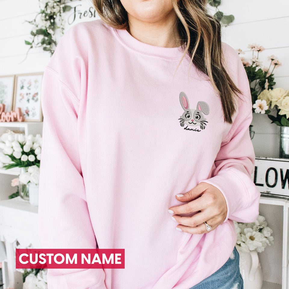Custom Name Easter Bunny Embroidered Sweatshirt, Faux Embroidered Daisy’s Crewneck, Flowers Spring Easter Sweatshirt
