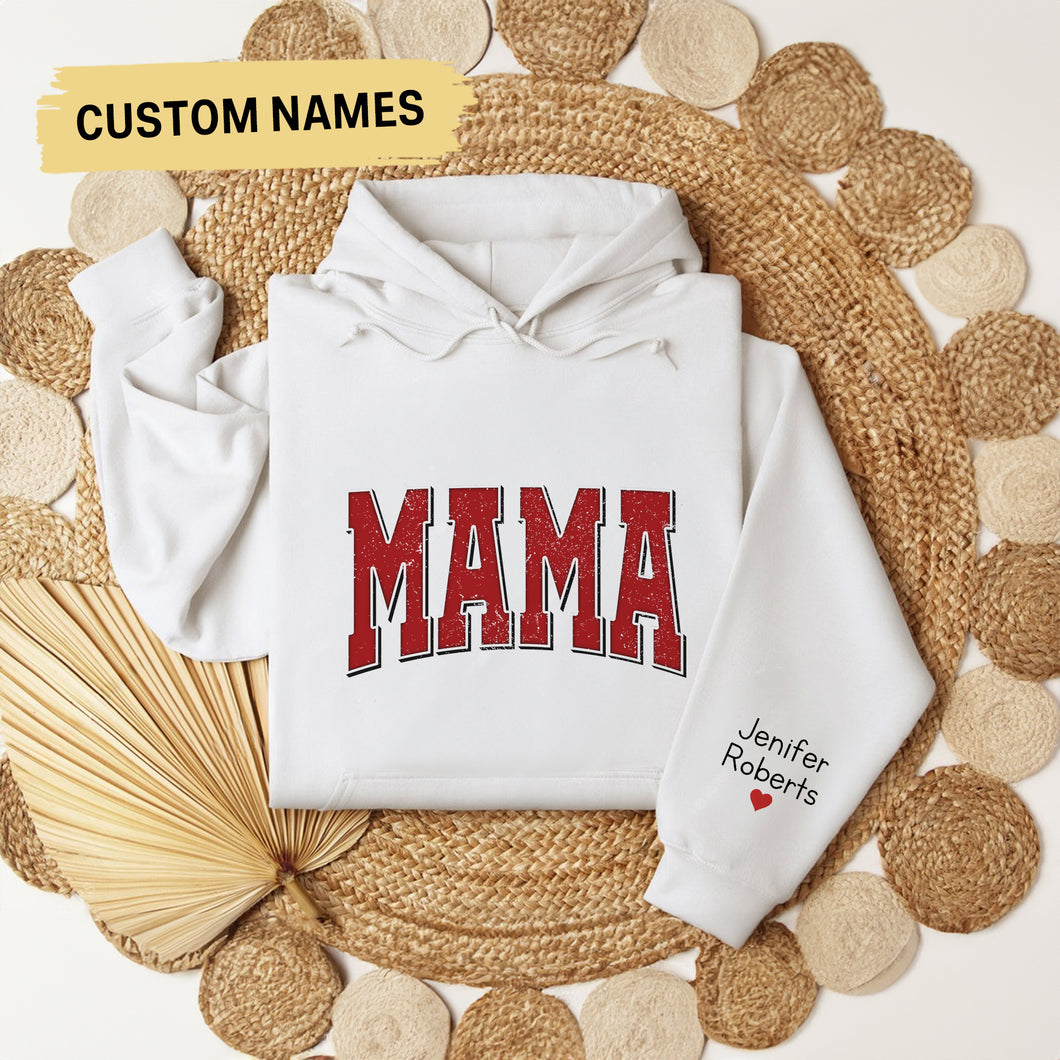 Custom Mama Hoodie With Kid Name On Sleeve, Personalized Mom Crewneck, Minimalist Momma Hoodie, Gift For Her, Christmas Gift For Mom