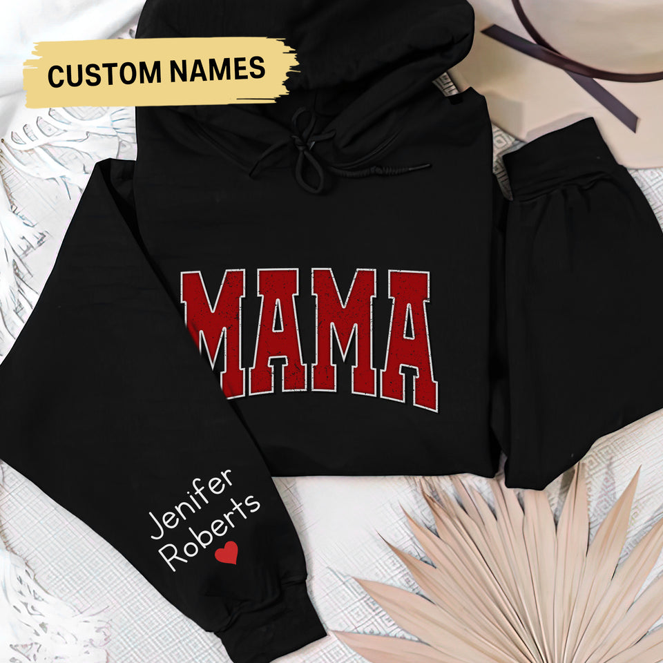 Custom Mama Hoodie With Kid Name On Sleeve, Personalized Mom Crewneck, Minimalist Momma Hoodie, Gift For Her, Christmas Gift For Mom