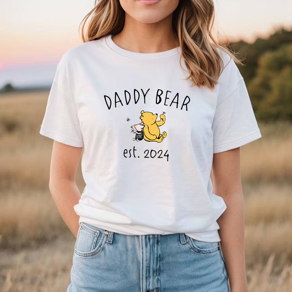 Custom Daddy Bear Winnie The Pooh T-shirt, Dad Est with Kid Name on Sleeve, Personalized Daddy Sweatshirt, Gift for Father's Day